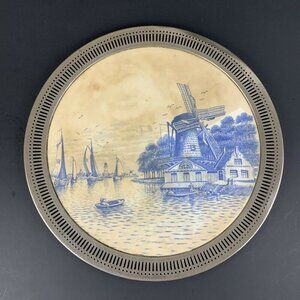 Vintage Delft Blue Dutch Windmill Decorative Tray Silverplate Trim 14 inch